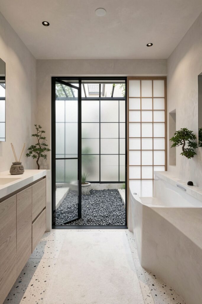  Courtyard Zen Bathroom With Jacuzzi, Shoji Glass, and Gravel Strip