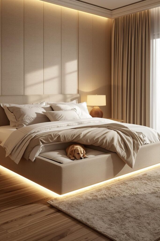 Cozy Modern Bedroom Ideas With Beige Upholstery and Integrated Dog Bed