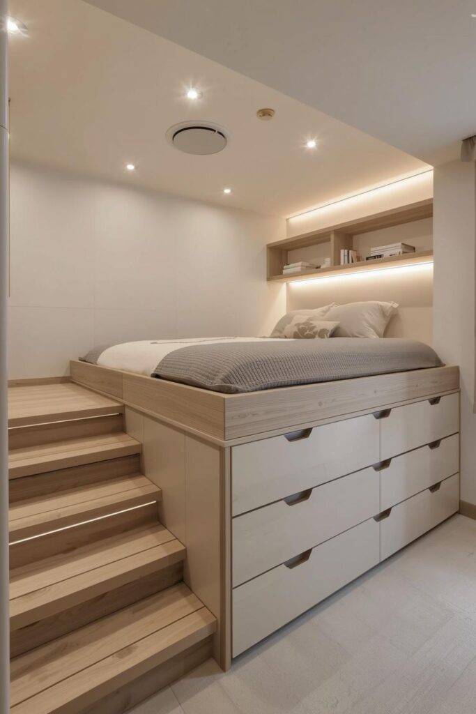 Cozy Neutral Bedroom With Raised Platform Bed Drawers And Wooden Steps