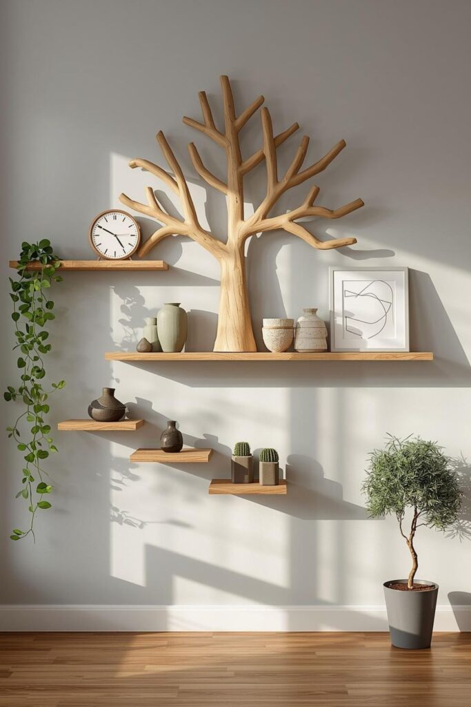 Cozy living room corner with organic branch shelf wall decor
