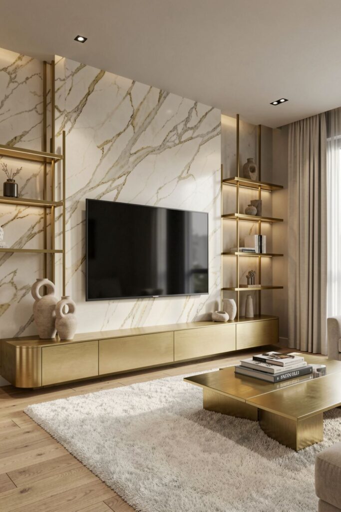 Cream Marble TV Wall with Brushed Gold Linear Shelving
