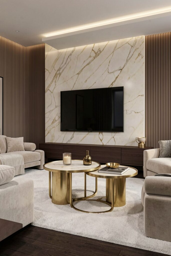 Cream Marble TV Wall with Gold Nested Tables and Curves
