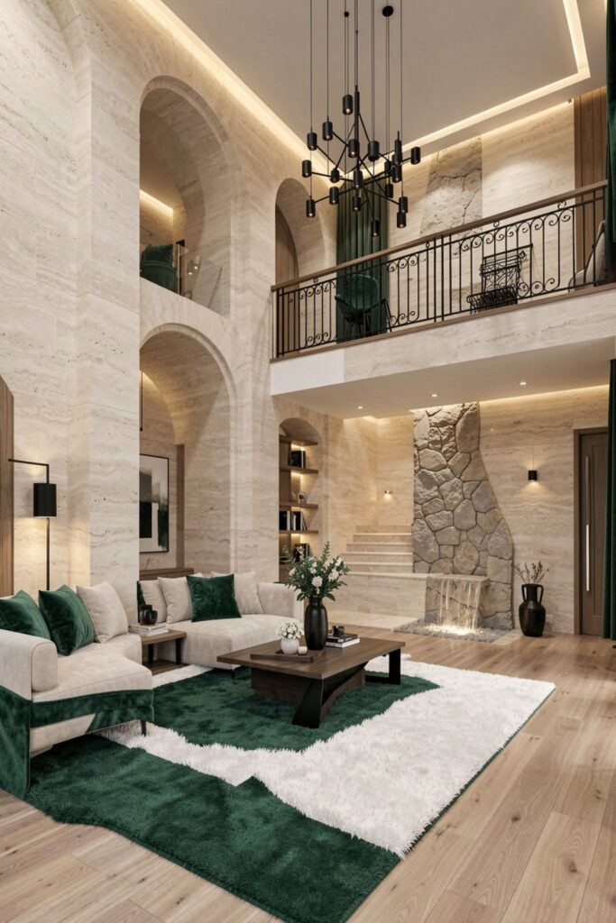 Cream Stone Arches With Emerald Rug Layer And Waterfall Stair Detail