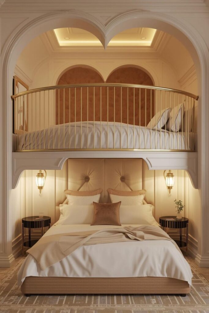 Cream and gold heart loft bed with luxury hotel-style lighting