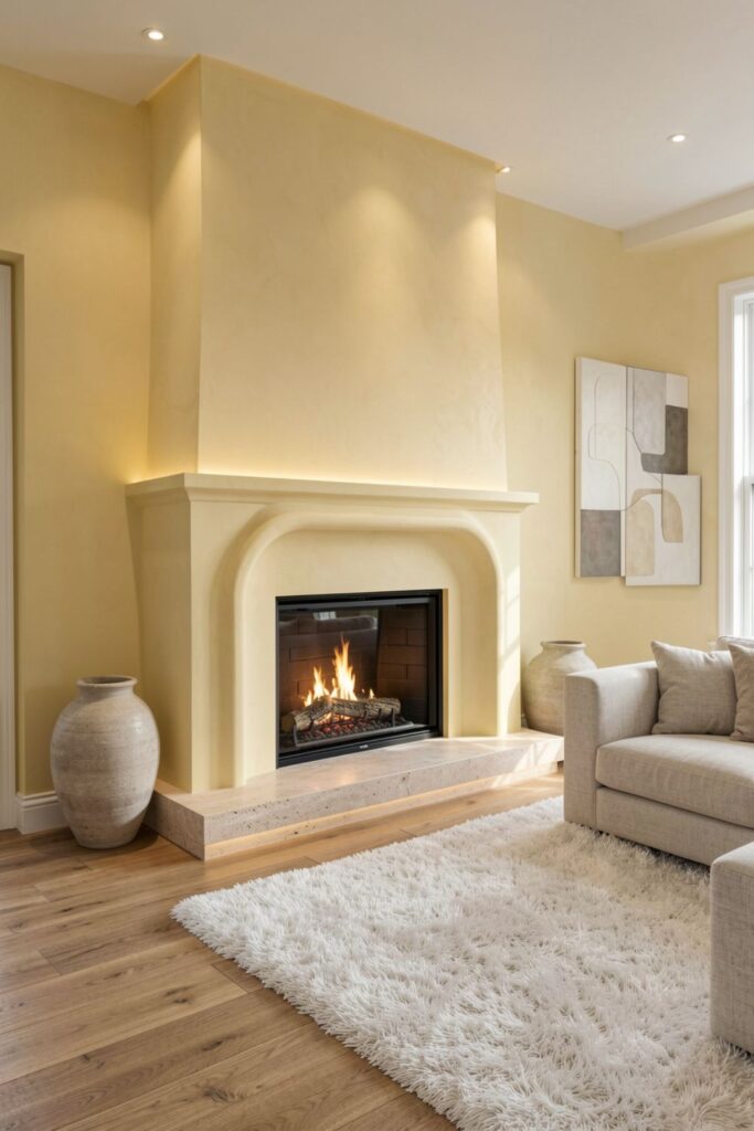 Creamy Butter Yellow Fireplace With Curved Plaster Surround