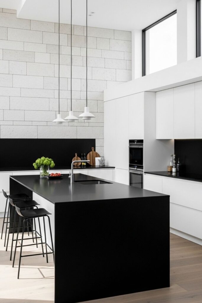 Crisp White Cabinets With Black Accents and Limestone Texture
