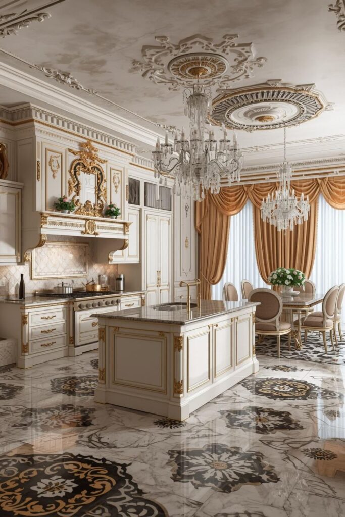 Crystal Chandelier Focal Point in a Royal Classic Kitchen
