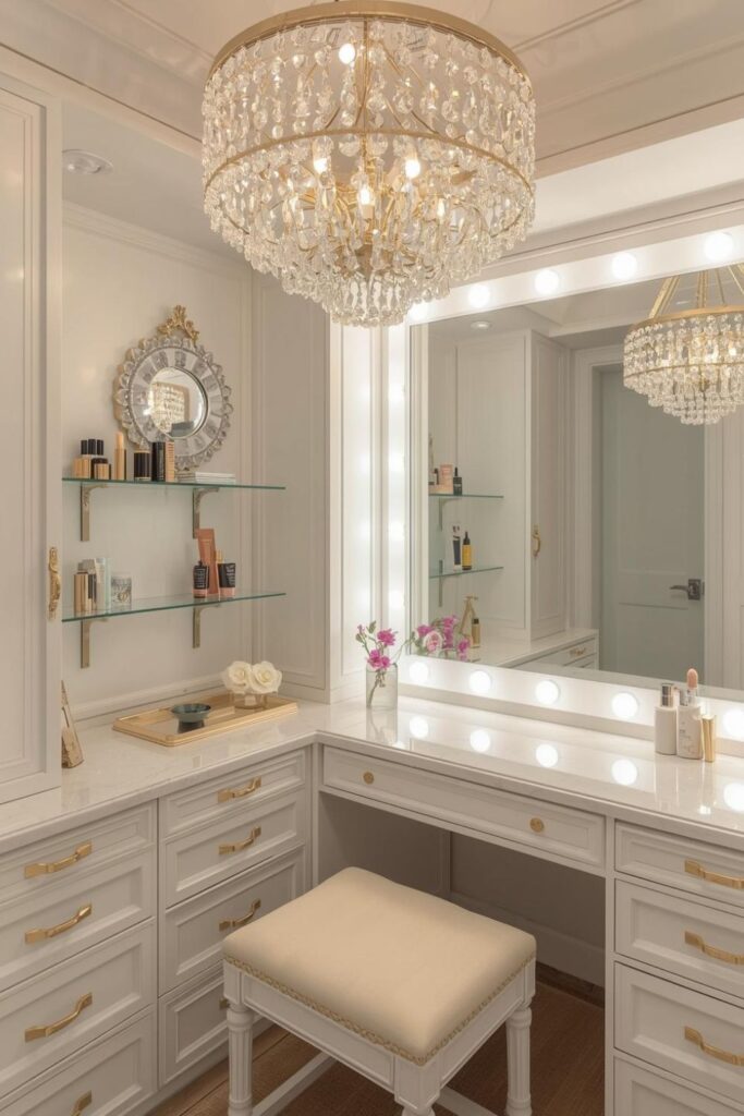 Crystal Chandelier Statement in a Classic, Elegant, Luxury Vanity Makeup Room