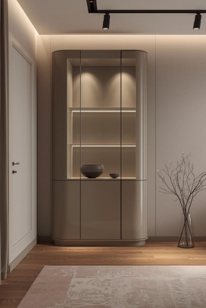 Curved Corner Display Cabinet With LED Cove Lighting Inside