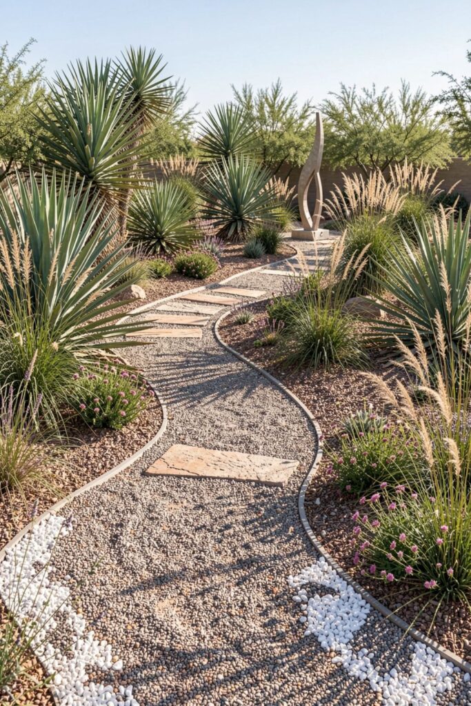 Curved Gravel Path Garden with Yucca and Ornamental Grasses