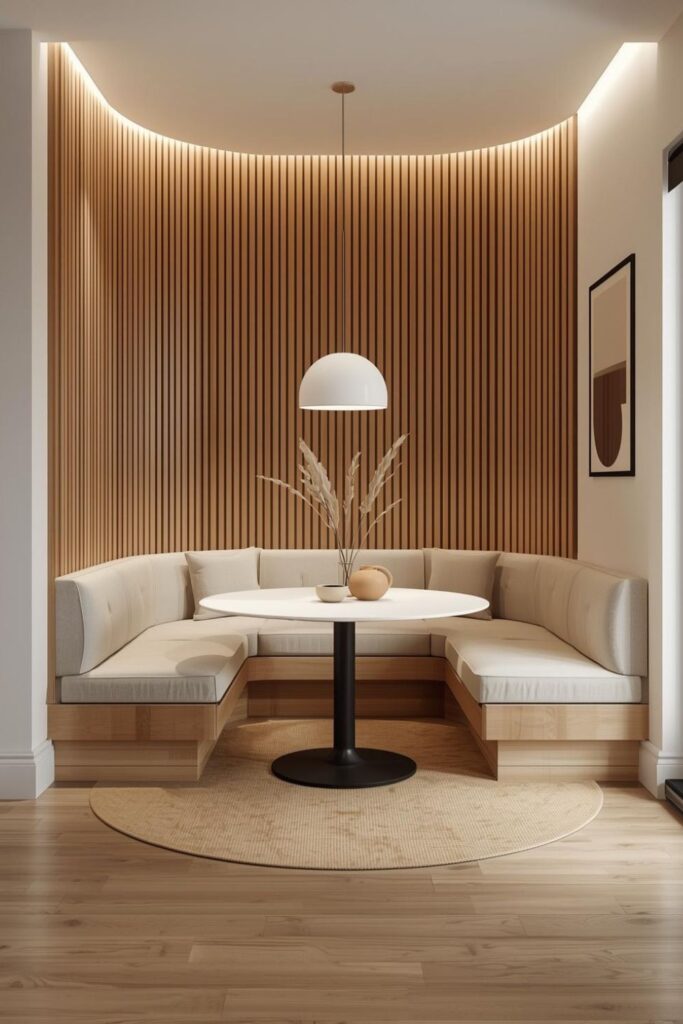 Curved Slat Accent Wall for a Softened Dining Nook