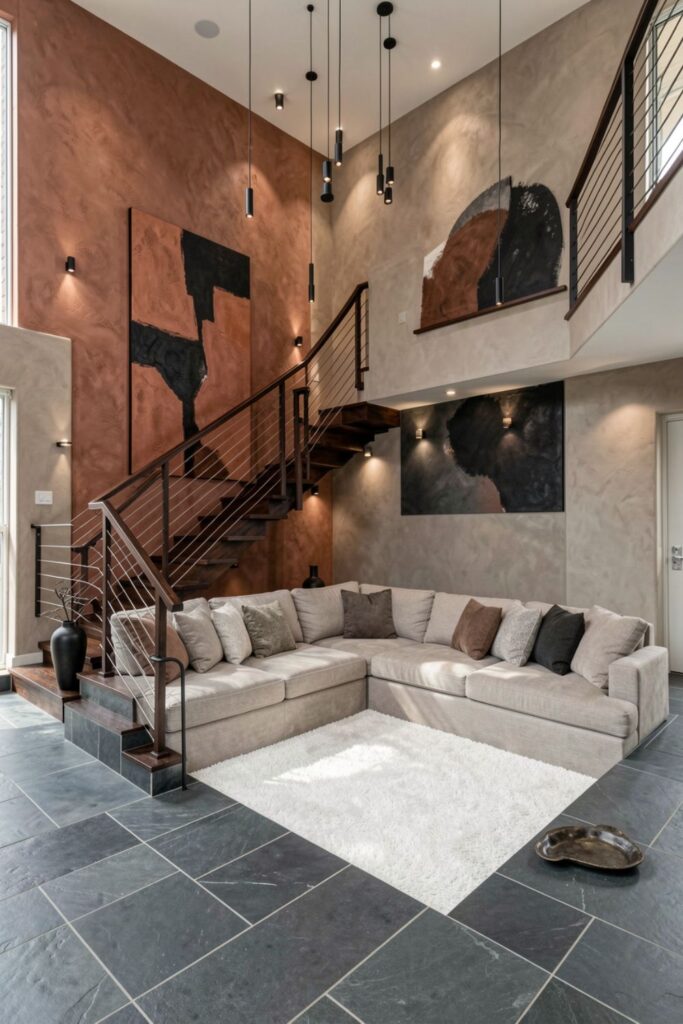 Dark Maple Staircase Living Room with Terracotta Art and Split-Level Pit