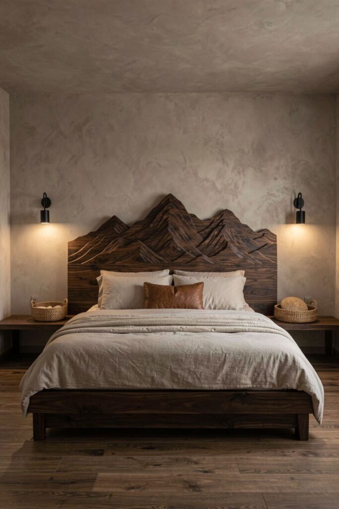 Dark Walnut Mountain Headboard With Textured Plaster Walls