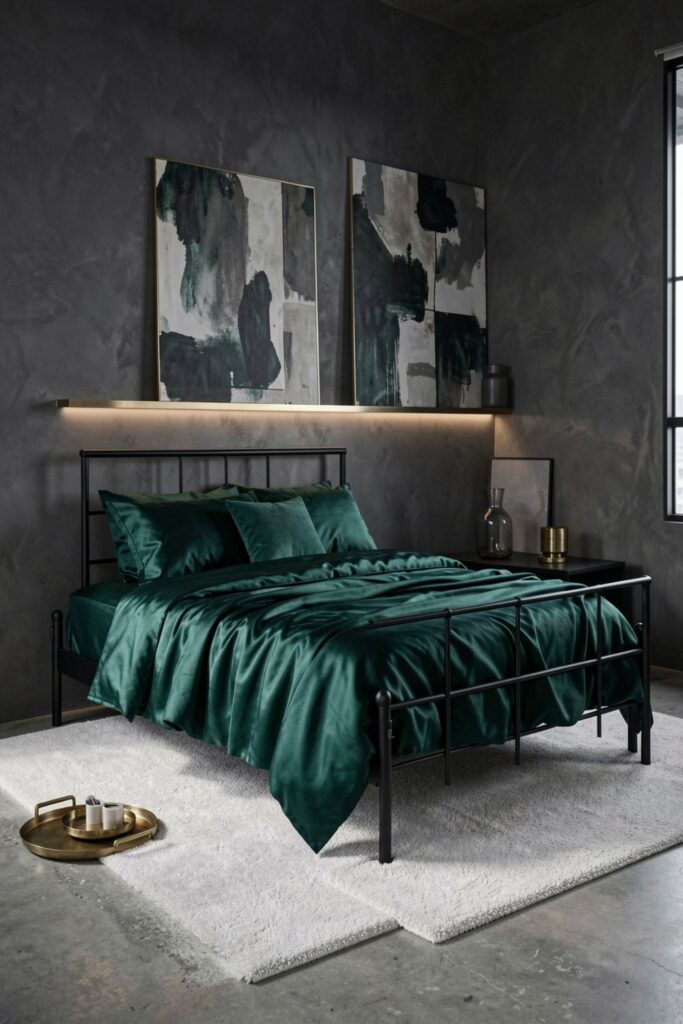 Deep Emerald Silk Duvet Set in a Sleek Loft Layout