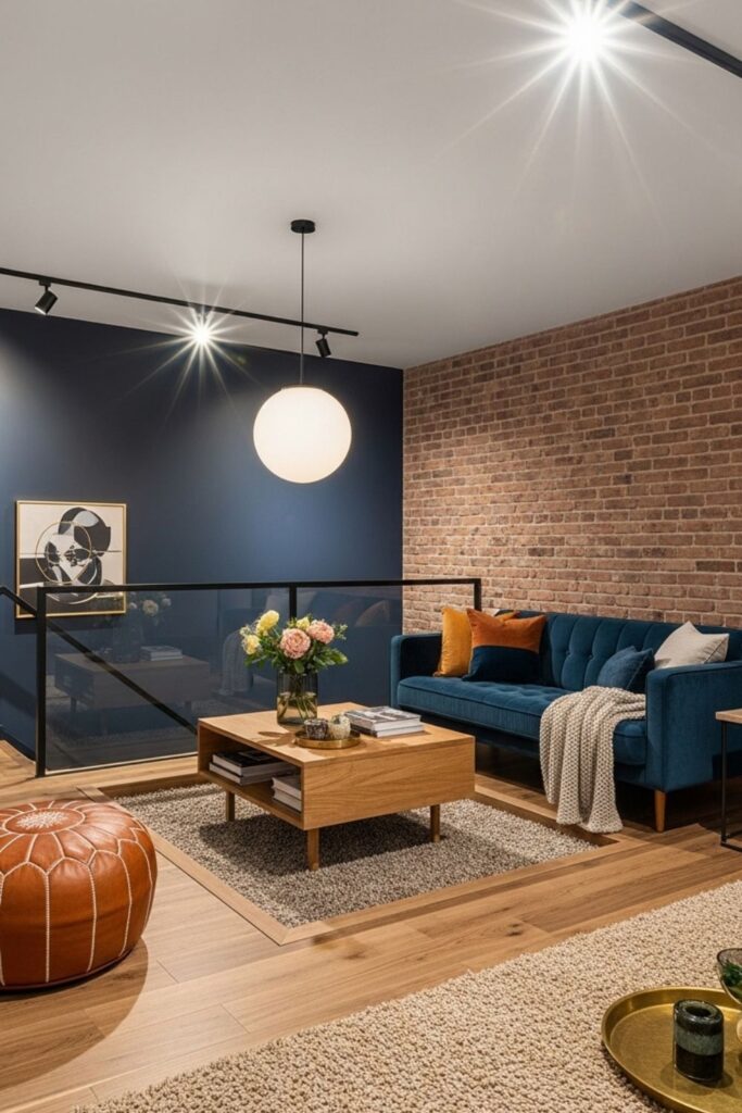 Deep Navy Conversation Pit With Layered Lighting Below Loft