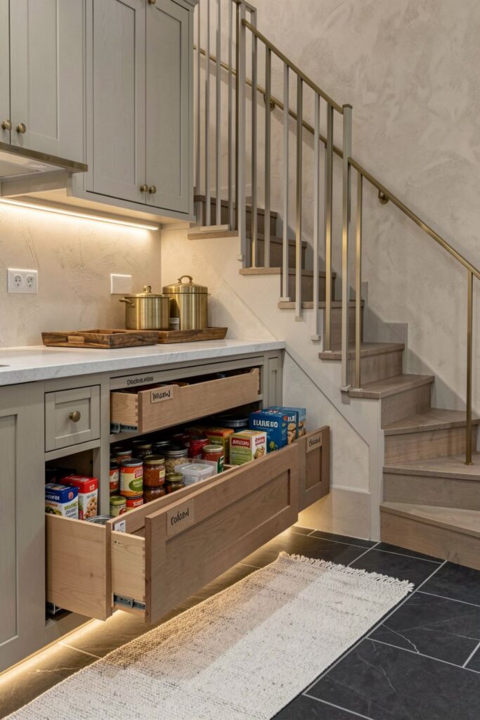 Deep Slide-Out Under-Stairs Pantry Drawers With Soft Close