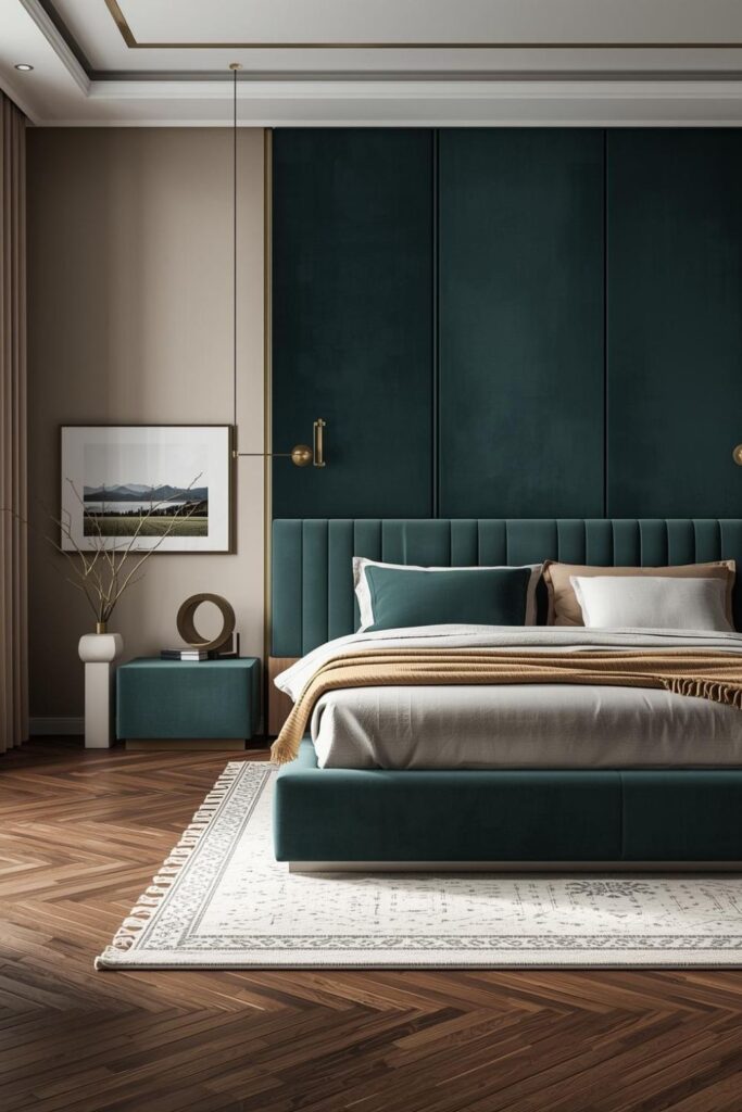 Deep Teal Accent Wall With Brass Picture Lights