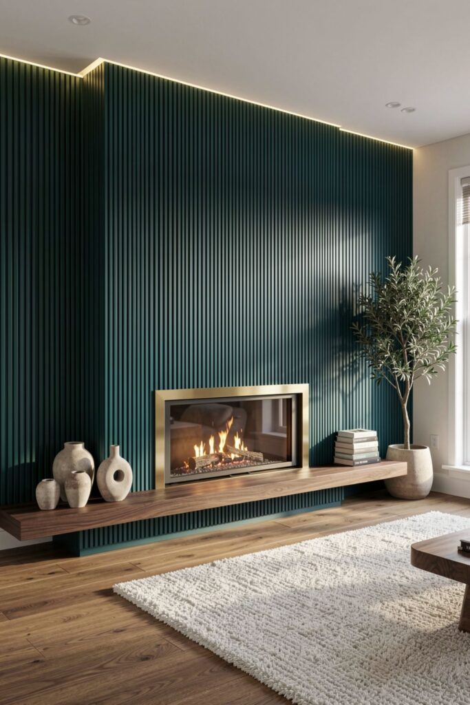 Deep Teal Fluted Fireplace Wall With Brushed Brass Glow