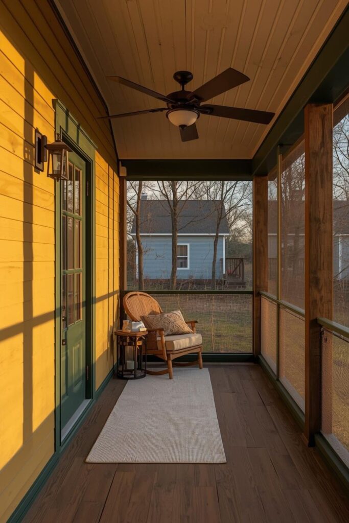 Deep Yellow Cottage With Forest Green Trim and Screened Porch
