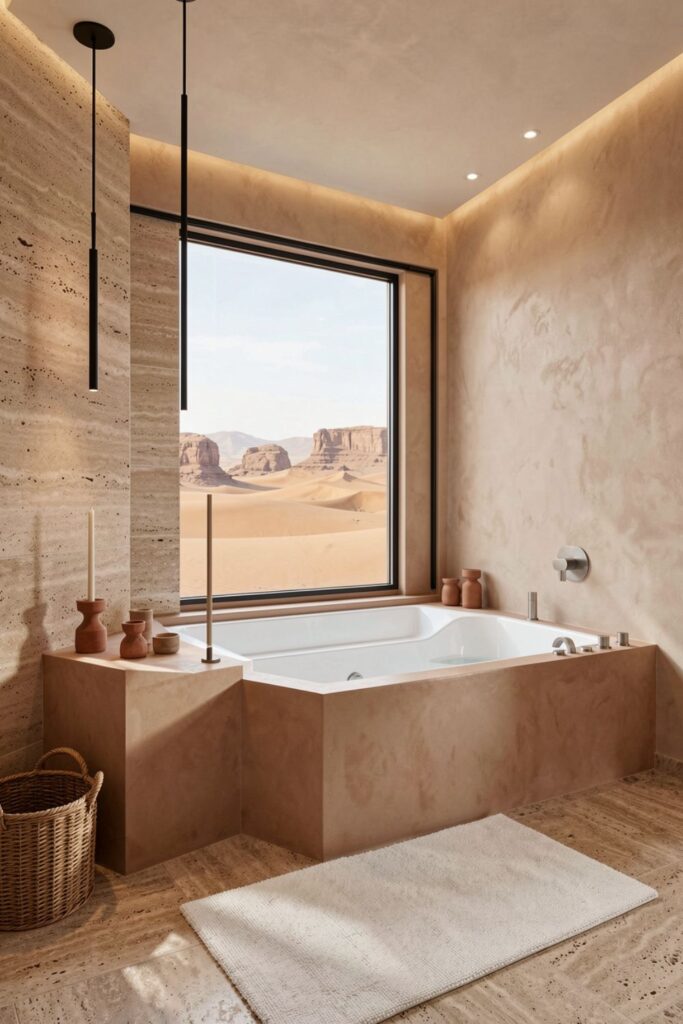  Desert-Inspired Jacuzzi Bath With Sandstone and Cactus View
