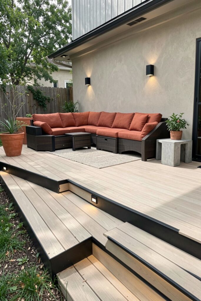 Desert-Modern Deck With Terracotta Accents and Low Modular Seating