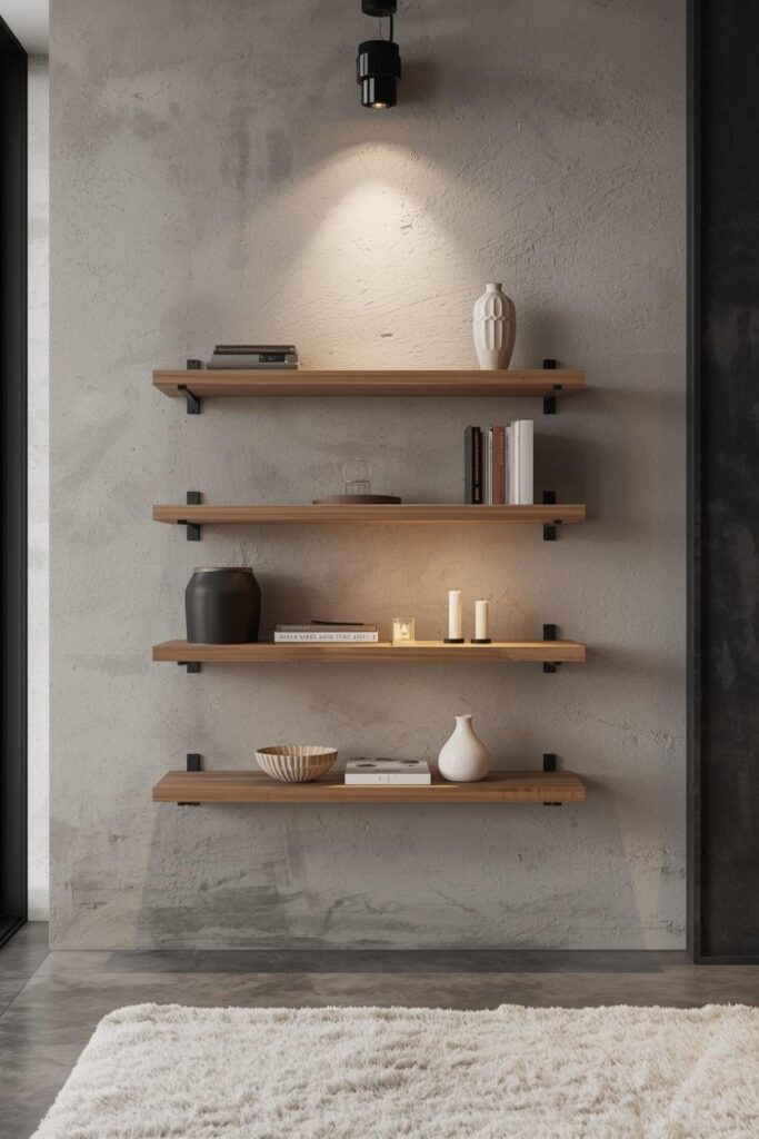 Desert-Neutral Shelves With Blackened Metal Candle Drama