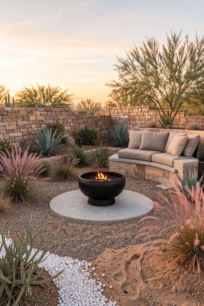 Desert Patio Retreat with Fire Bowl and Soft-Grass Planting