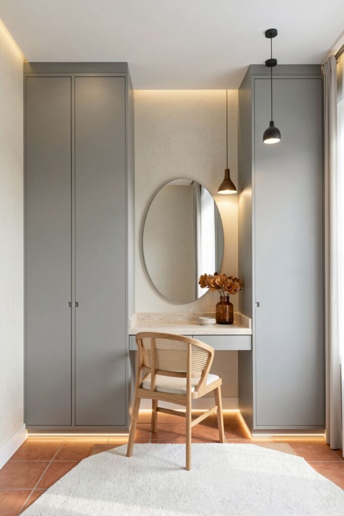Dove-Grey Wardrobe With Oval Mirror Vanity and Cane Seat