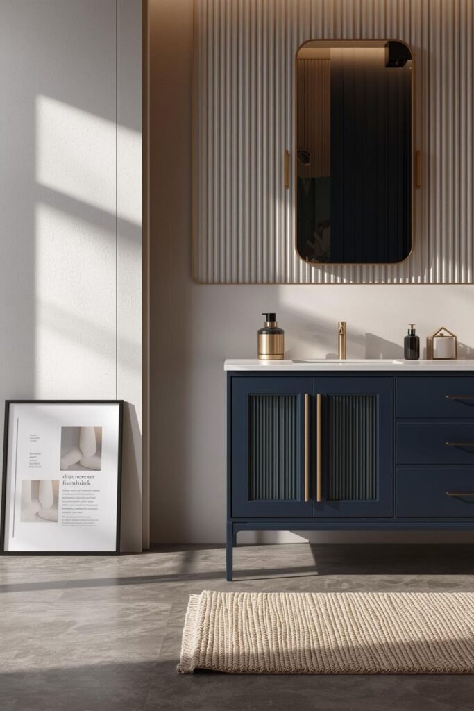 Dramatic Navy Vanity With Fluted Glass Hardware Details