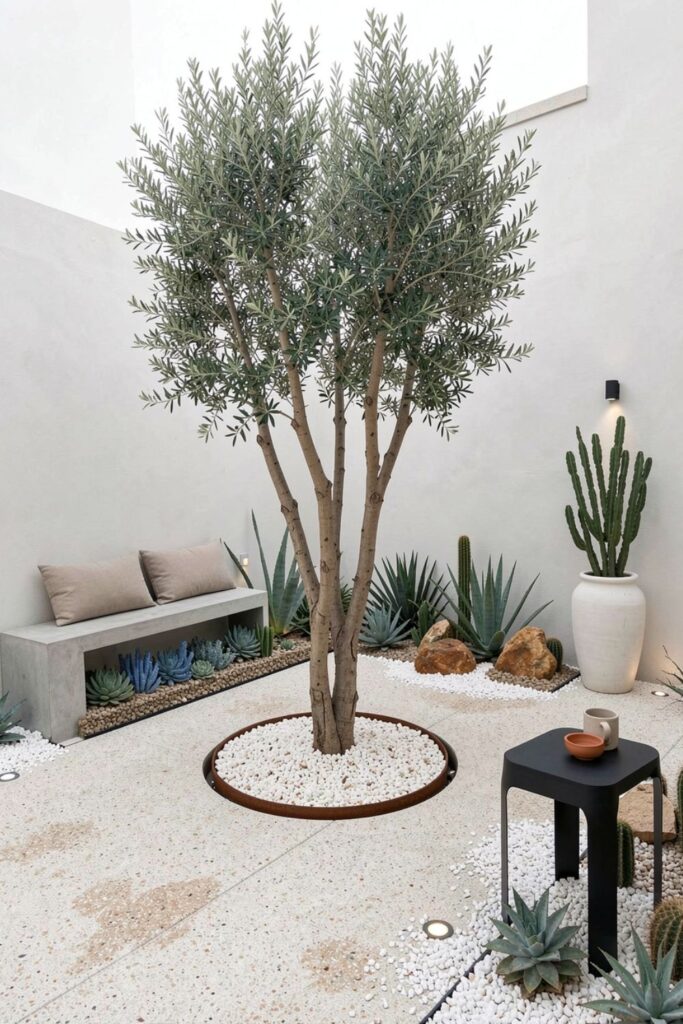 Dry riverbed landscaping controls runoff with native shrubs and stone