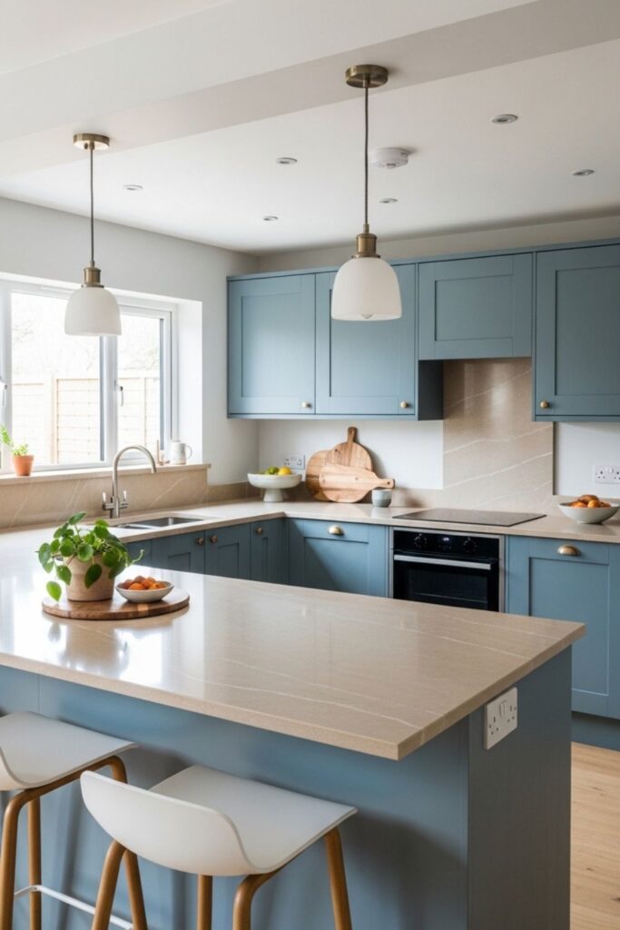 Dusty Blue Cabinets With Sand Quartz and Pale Wood Floors