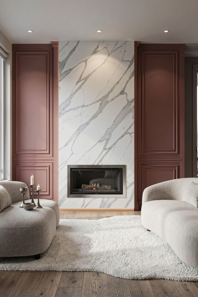 Dusty Rose Panelled Fireplace Wall With Marble Slab Center