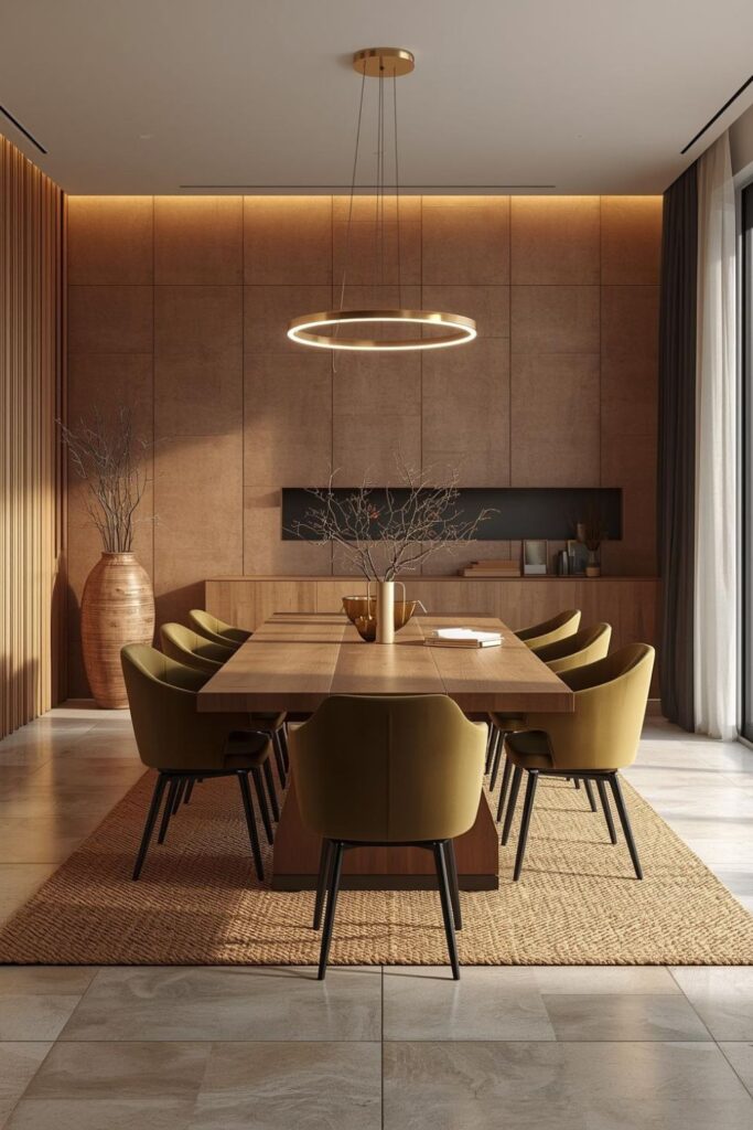 Earthy Terracotta Dining Room with Gold Double-Ring Warmth