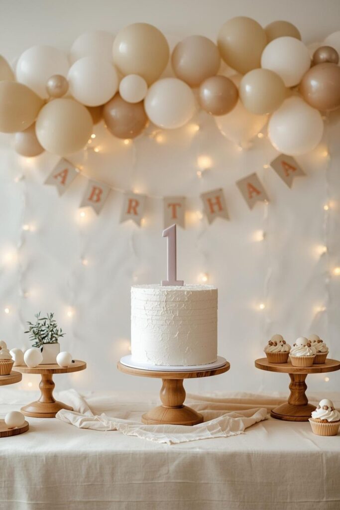 Elegant First Birthday Cake Table Styling With Wooden Stands