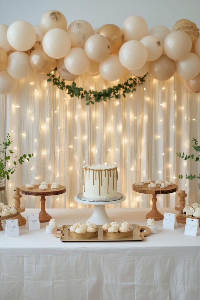 Light Neutral First Birthday Dessert Table Ideas With Balloons And Lights