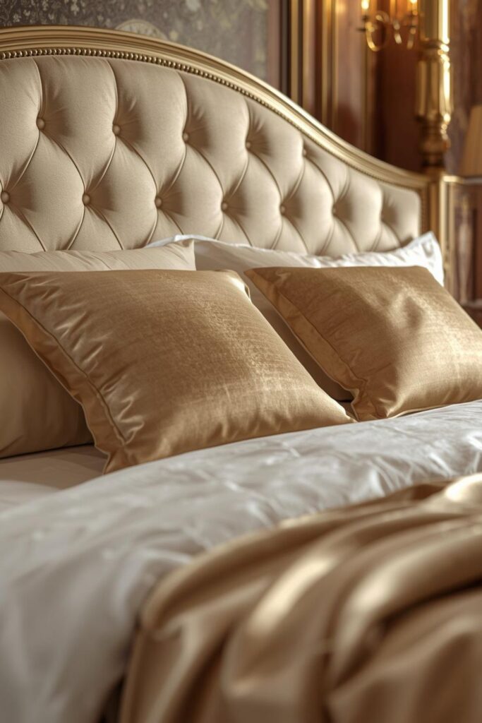 Elegant Tufted Bed Styling in a Beige and Gold Bedroom