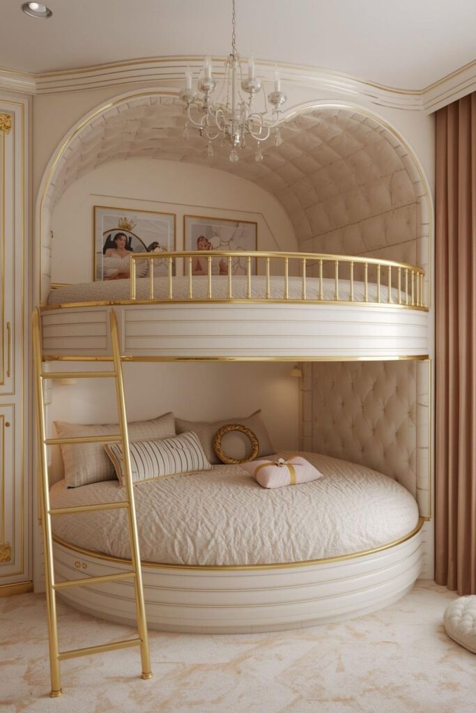 Elegant heart loft bunk bed with padded walls and champagne tones