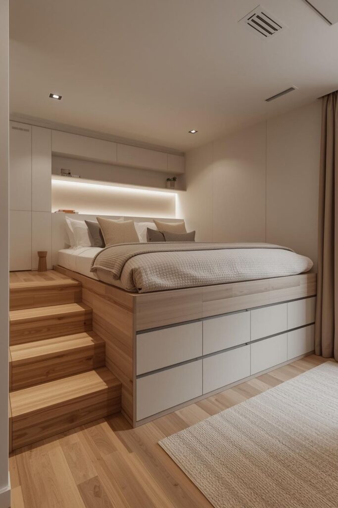 Elevated Platform Bed Bedroom With Storage Drawers Neutral Decor And Texture