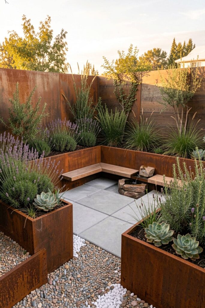 Enclosed Courtyard Oasis with Lavender and Steel Planters