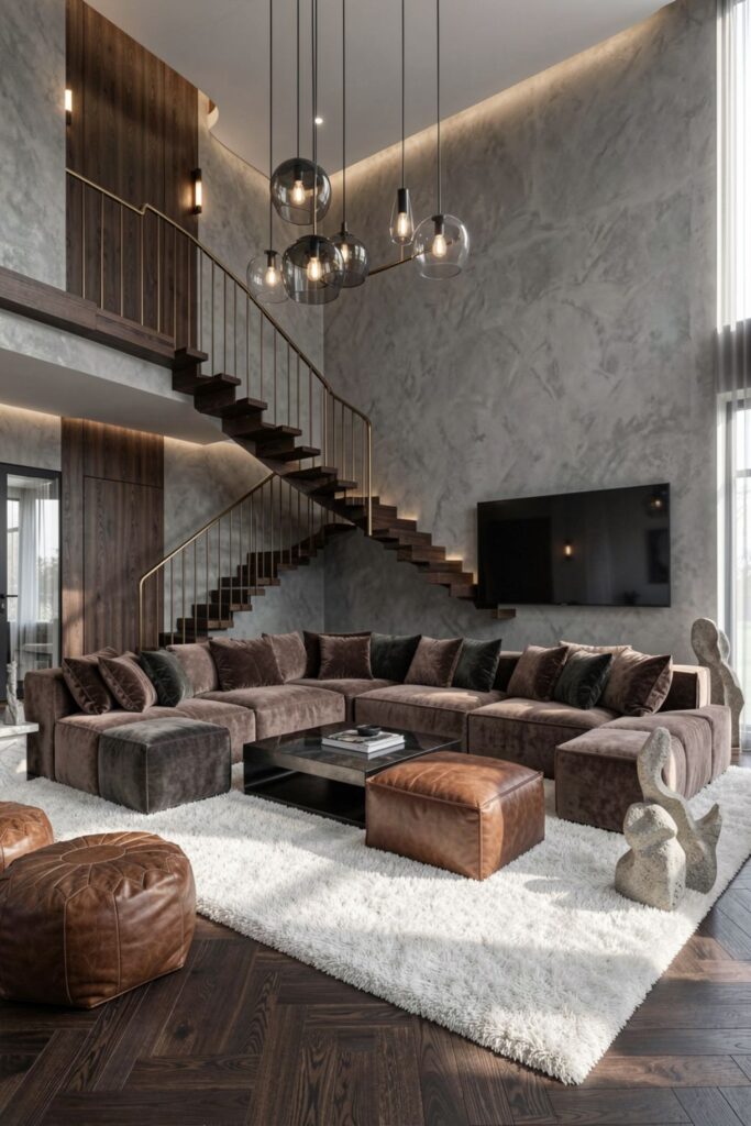 Espresso Staircase Living Room with Microcement Walls and Modular Lounge