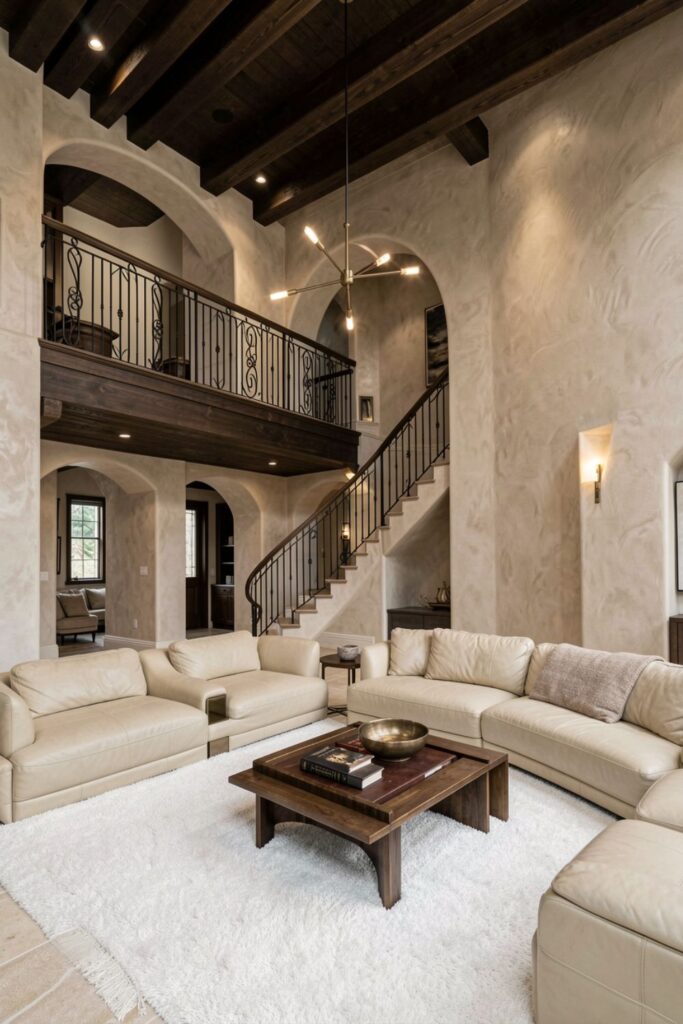 Espresso Wood Ceiling Beams With Cream Leather And Bronze Details