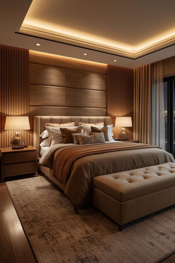 Evening Lighting For A Modern Luxury Bedroom With Warm Neutral Decor