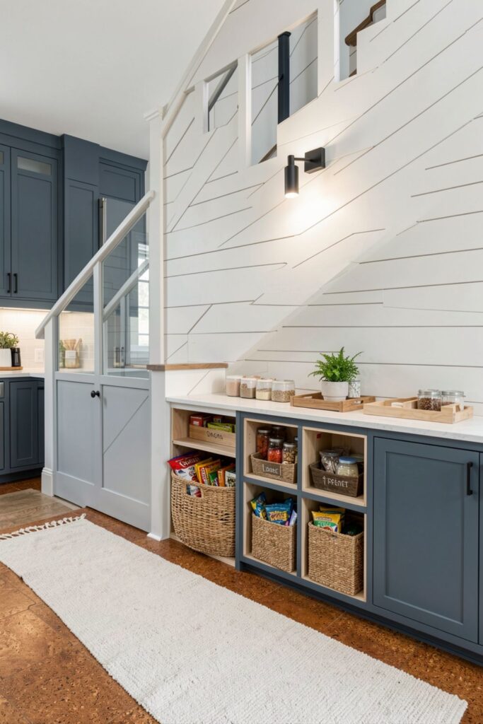 Family Snack Under-Stairs Pantry With Cubbies and Woven Bins