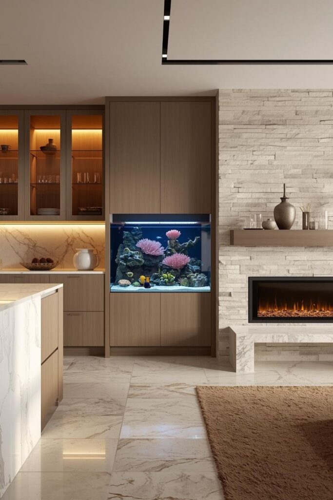 Fireplace-Adjacent Kitchen Aquarium Niche for Resort-Like Warmth