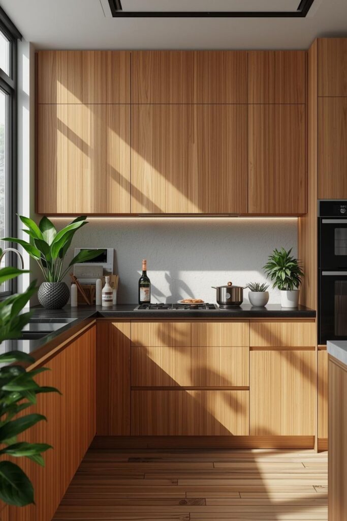 Flat-Panel Warm Wood Cabinets for a Clean Modern Kitchen Look