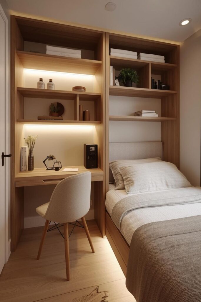 Floating Desk Bedroom Setup with Built-In Shelves for Small Space Work