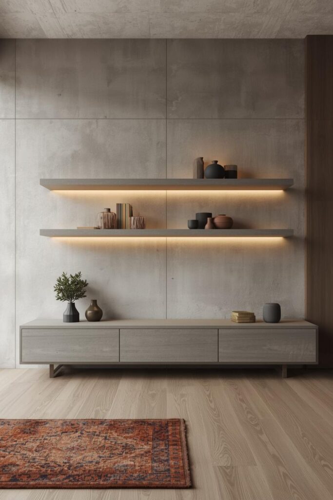Floating Shelves With Hidden LED Strips Over A Media Console