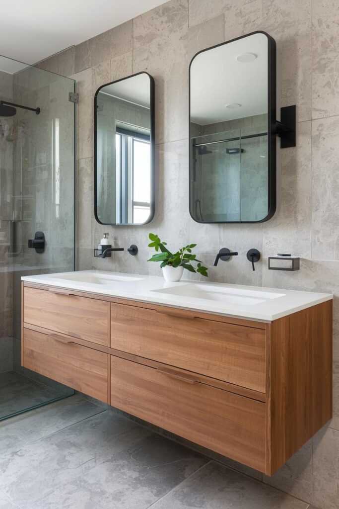 Floating Wood Vanity Close Up In Minimalist Spa Bathroom Design Style