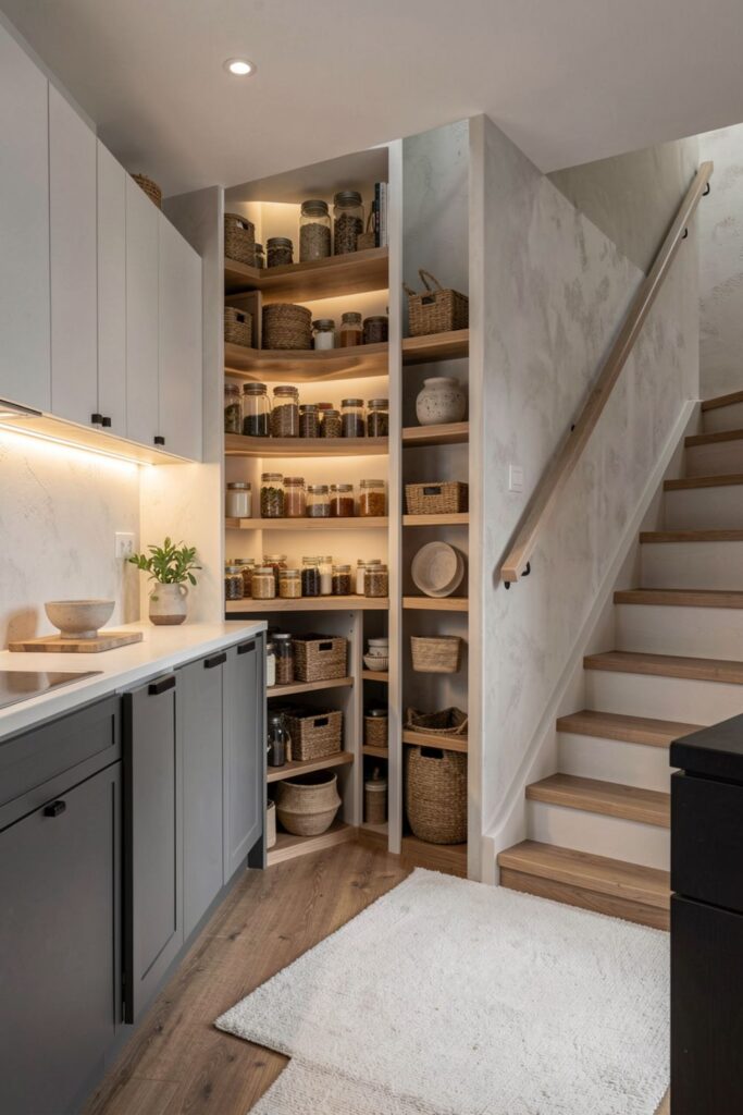 Flush Push-Latch Under-Stairs Pantry With Hidden Full Shelving