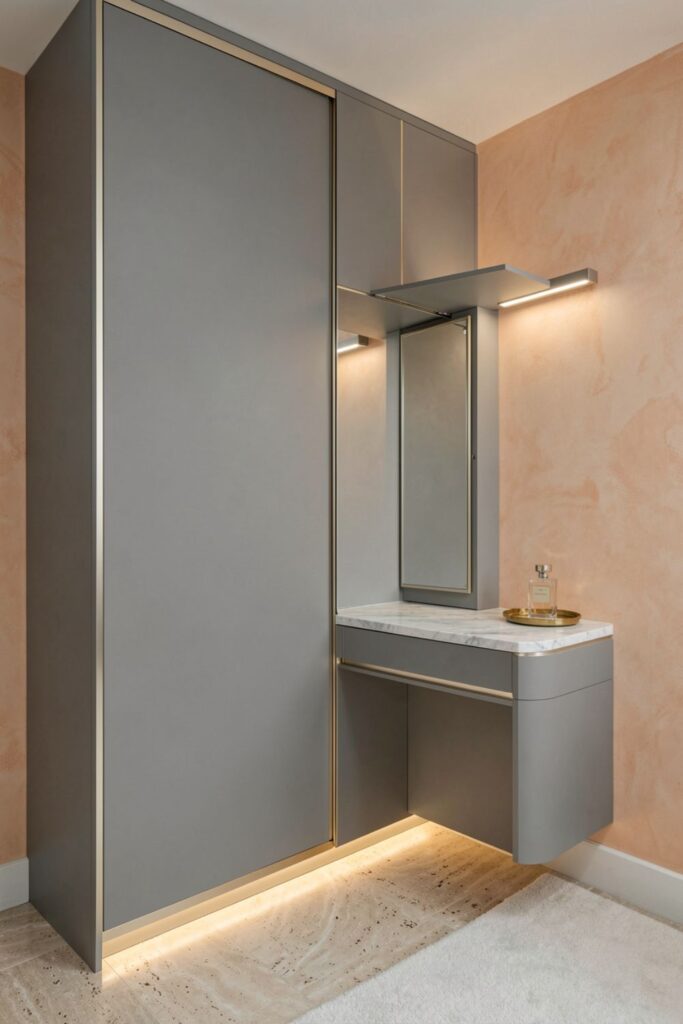 Fog-Grey Wardrobe Run With Pivot Mirror Vanity Station